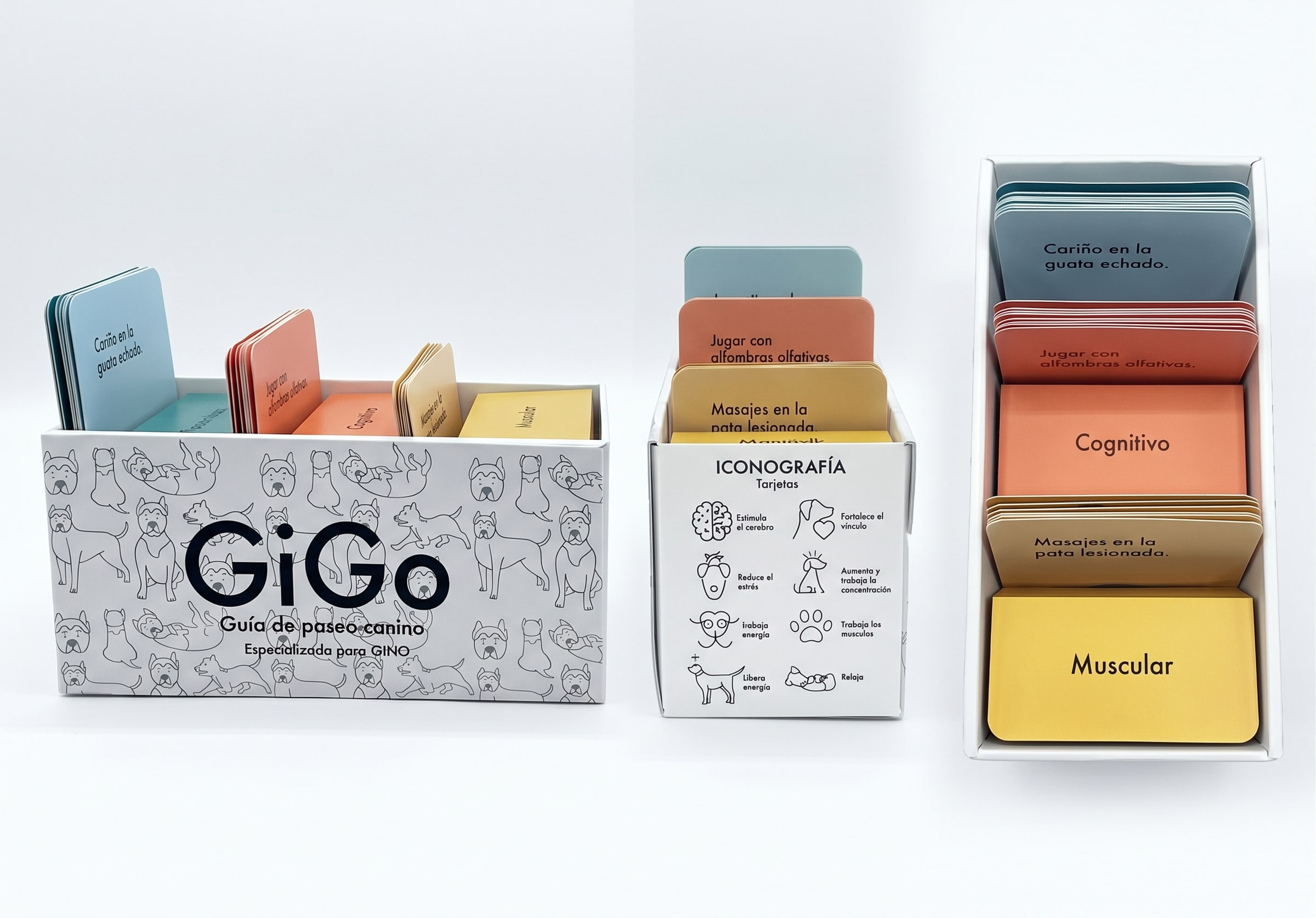 Las tarjetas fuera de la caja, separadas en bloques por categoría: cognitivo en naranjo y muscular en amarillo.