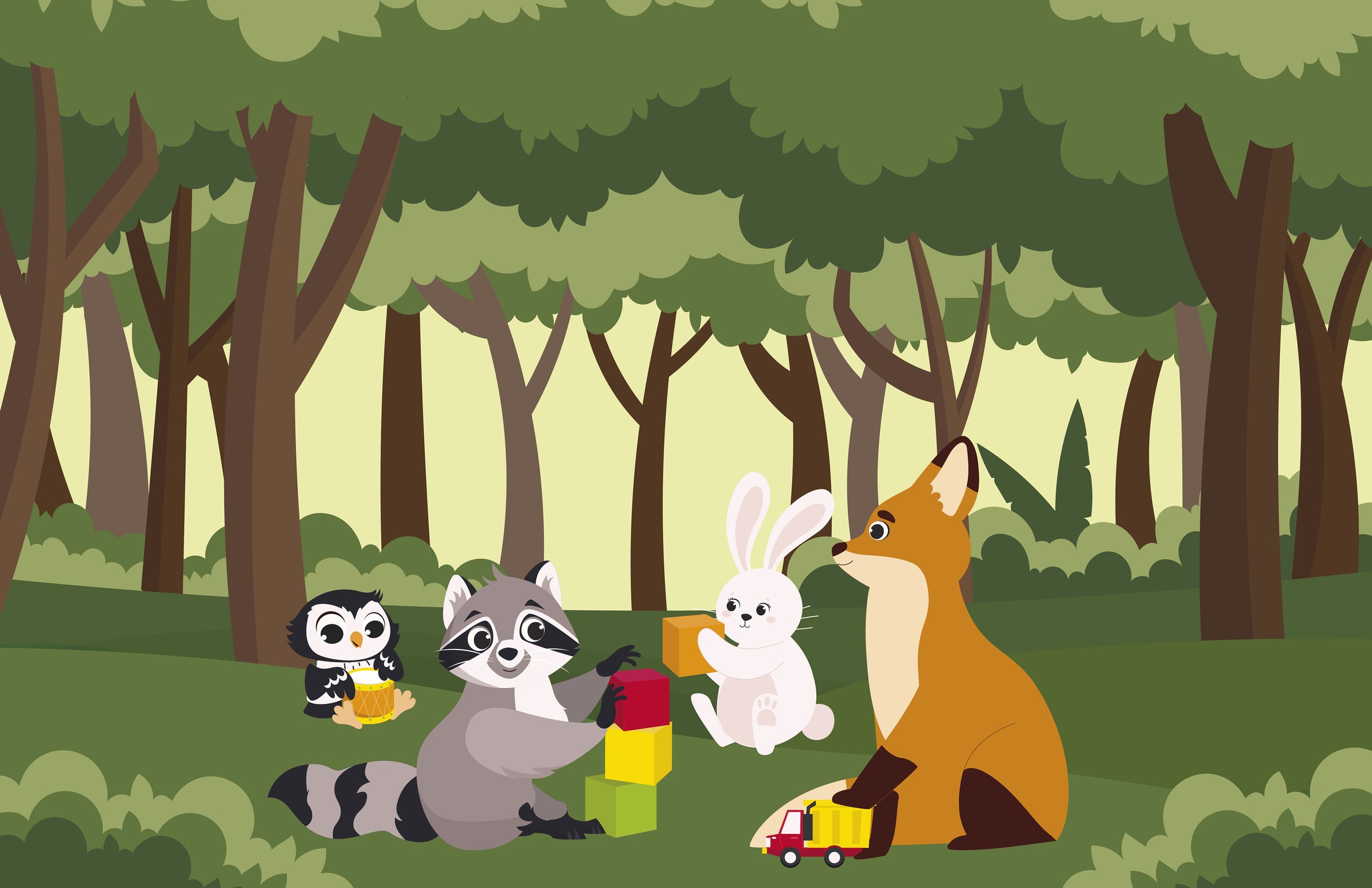 Escena del bosque: el búho, el mapache, el conejo y el zorro reunidos alrededor de los bloques.