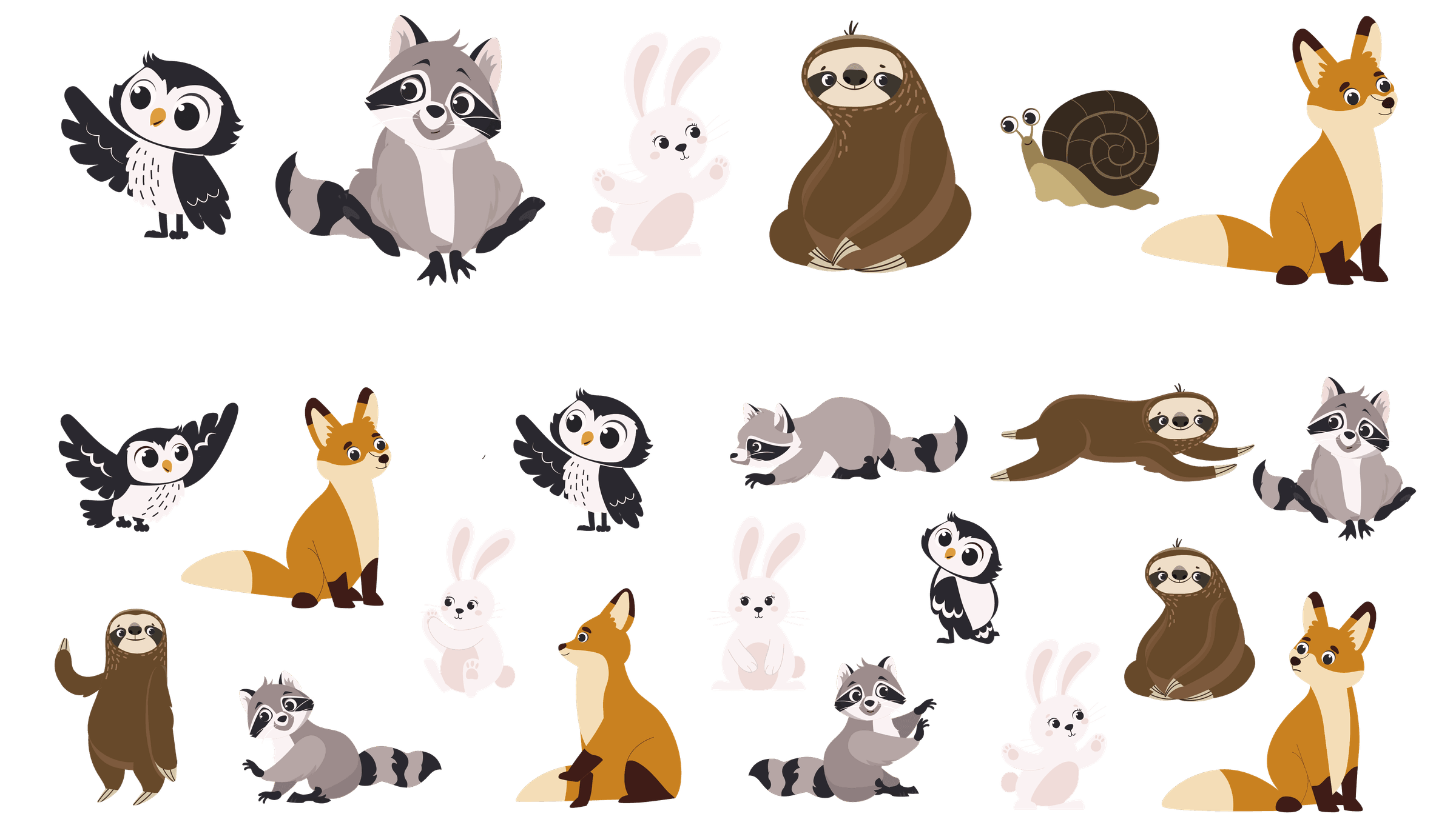 Hoja de personajes del libro: el búho, el mapache, el conejo, el perezoso, el caracol y el zorro, cada uno en varias poses.