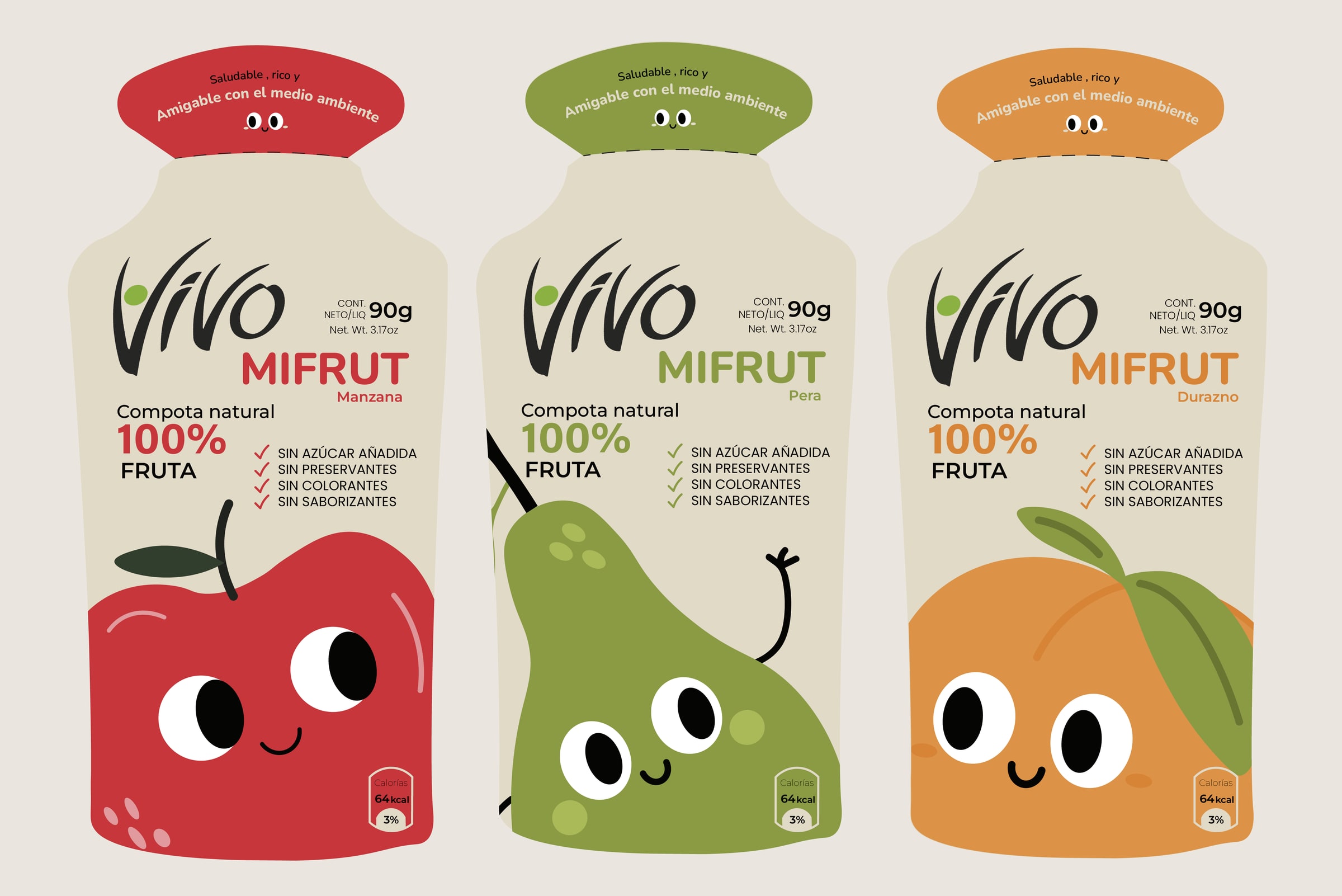Los tres pouches de compota Vivo de frente: manzana en rojo, pera en verde y durazno en naranjo, cada uno con su personaje de fruta.