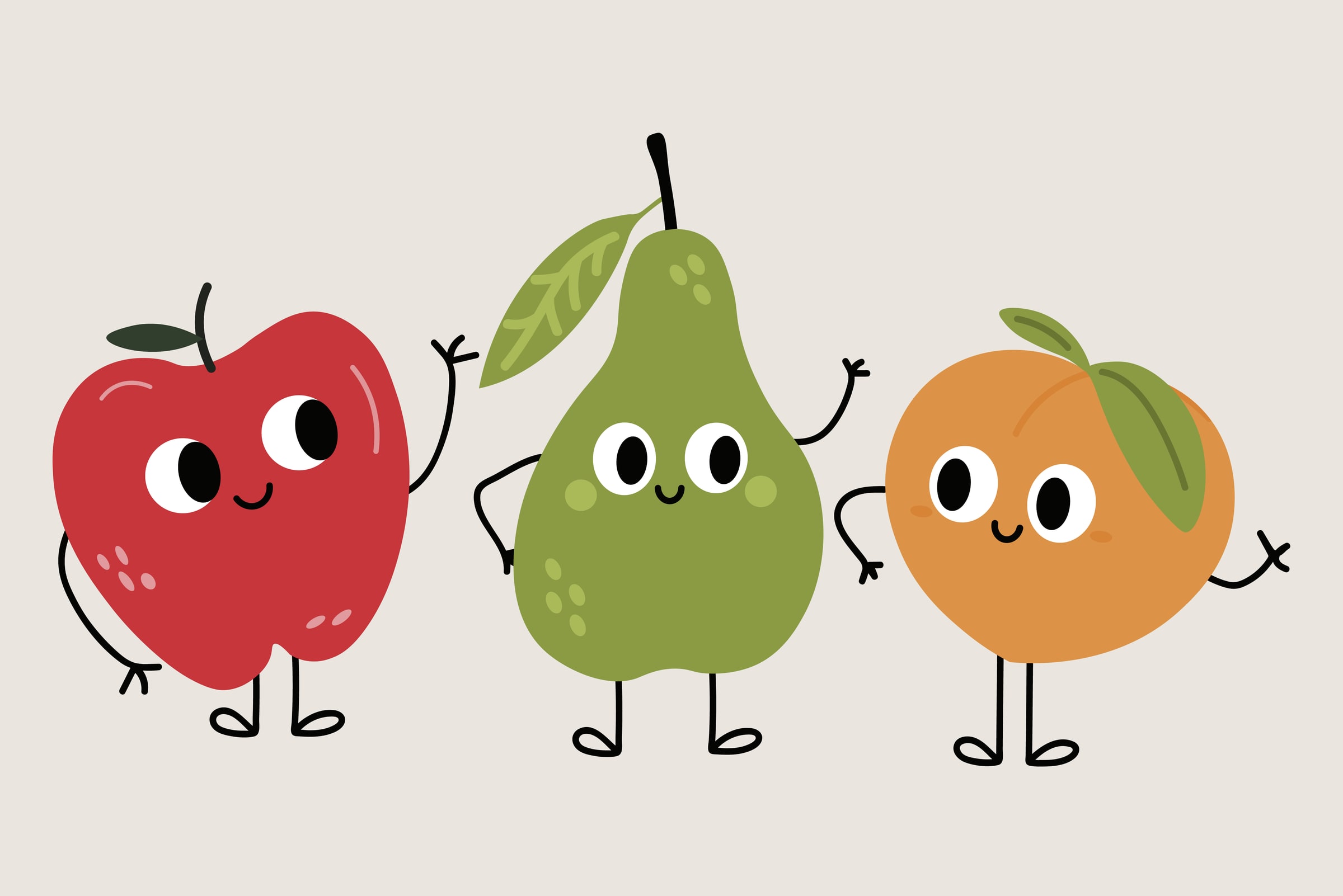 Los tres personajes de fruta dibujados aparte: la manzana, la pera y el durazno, de cuerpo entero.