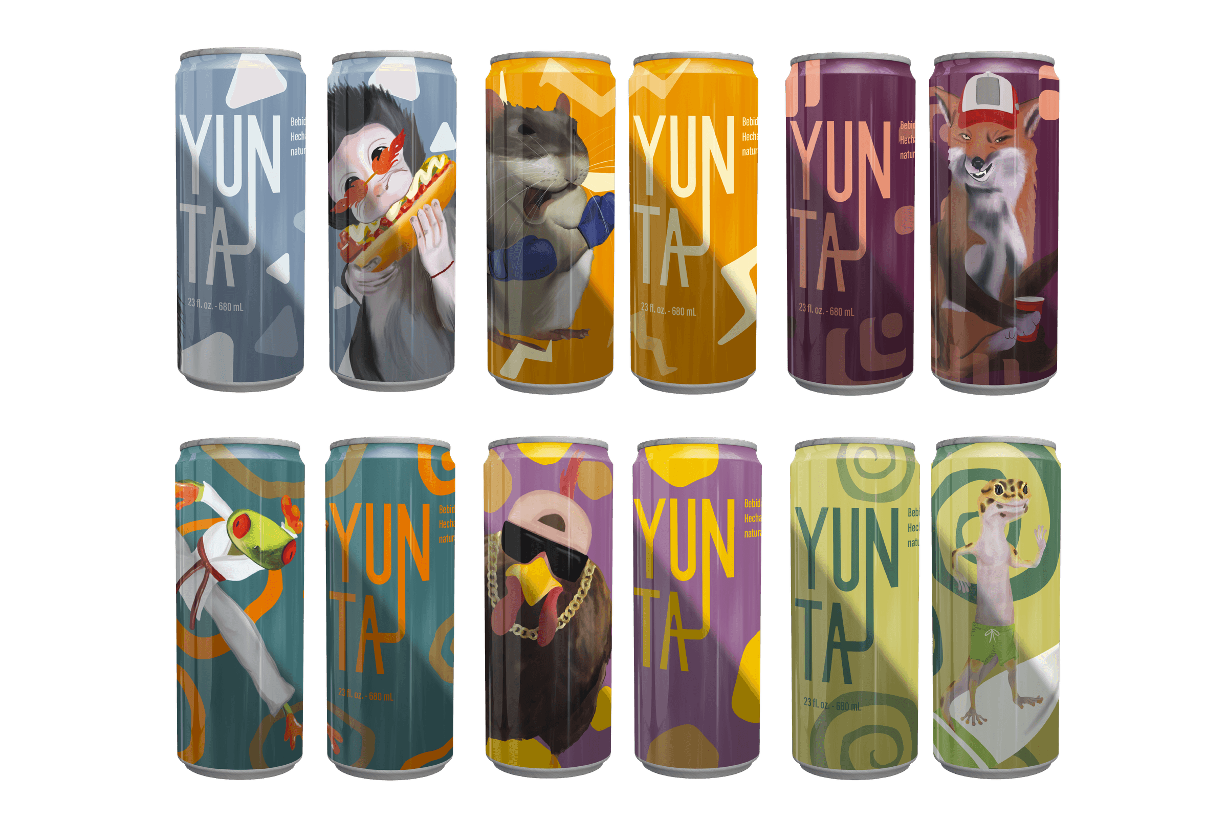 Las seis latas de la línea Yunta en dos filas, cada una fotografiada por delante y por detrás, con su ilustración y su paleta.